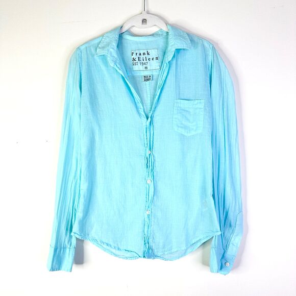 Frank & Eileen Shirt Women XS Blue Barry 100% Cotton Button Down Ruched Placket - Picture 1 of 7
